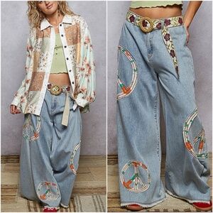 POL Peace Patchwork Light Wash Wide leg Denim Jean pants